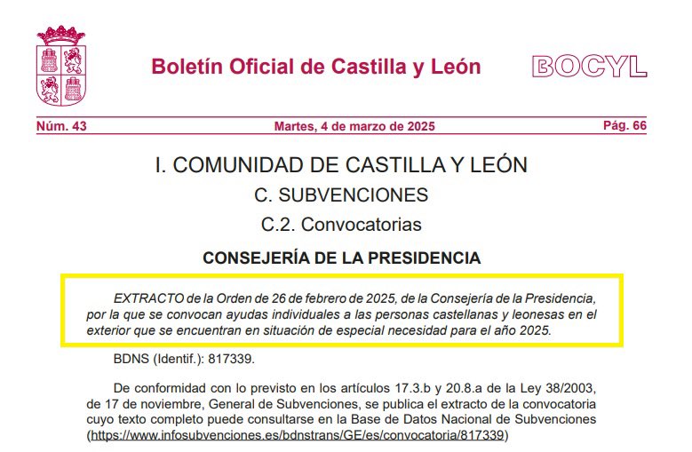 ‼️CONVOCATORIA IMPORTANTE‼️

Desde la <a href="/jcyl/">Junta de Castilla y León</a> han convocado hoy las ayudas individuales a las personas castellanas y leonesas en el exterior que se encuentran en situación de especial necesidad para el año 2025.

🗓️Dos meses de plazo
ℹ️Más info en: bocyl.jcyl.es/boletines/2025…