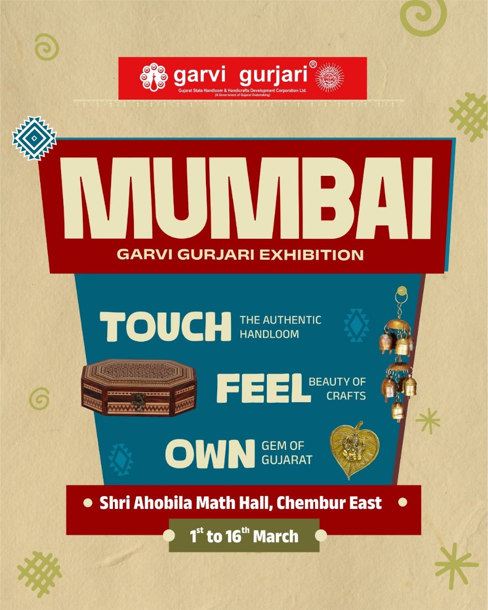Hey Mumbaikar, it's time to shop authentic handlooms &amp; crafts!

Experience the richness of Gujarat’s culture at the Garvi Gurjari Handloom Exhibition in Chembur East. 

📍 Shri Ahobila Math Hall, Chembur East
📅 1st to 16th March

#mumbai #shopping #handloom #exhibition #Chembur