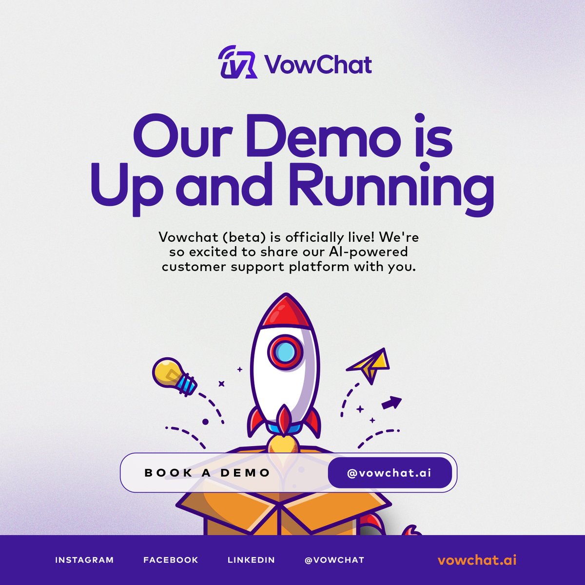 We're up and running! 💃 💃 💃

Vowchat beta version is officially live! We're so excited to share our AI-powered customer support platform with you. Visit our website - vowchat.ai

Book a demo - lnkd.in/dVvfq7zj

#customersupport #vowchat #ai #betaversion
