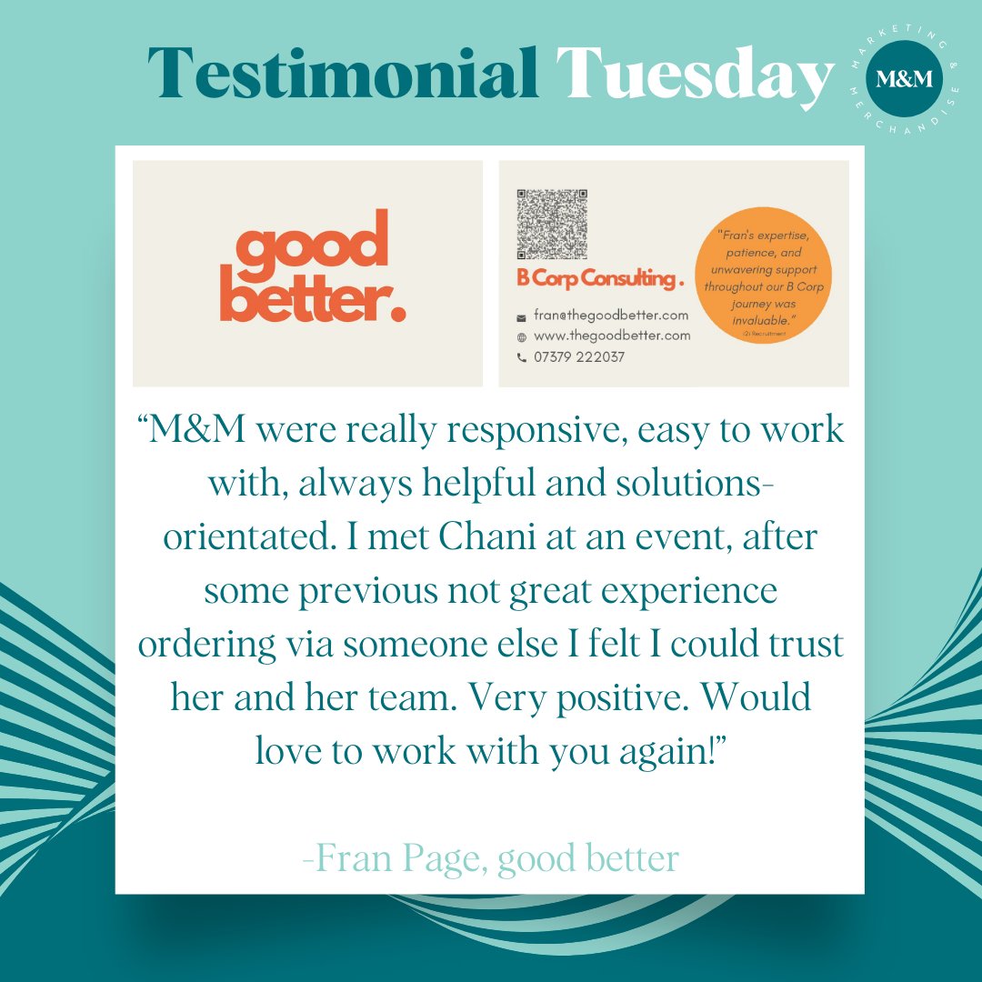 ✨ #TestimonialTuesday ✨

Big thanks to Fran Page from Good Better for the glowing feedback! 🙌 

Need high-quality branded business cards (or any other merch) for your business? Let’s chat! 👉 bit.ly/ChaniBookingPa… 

#BrandedMerchandise #MarketingMadeEasy #HappyClients