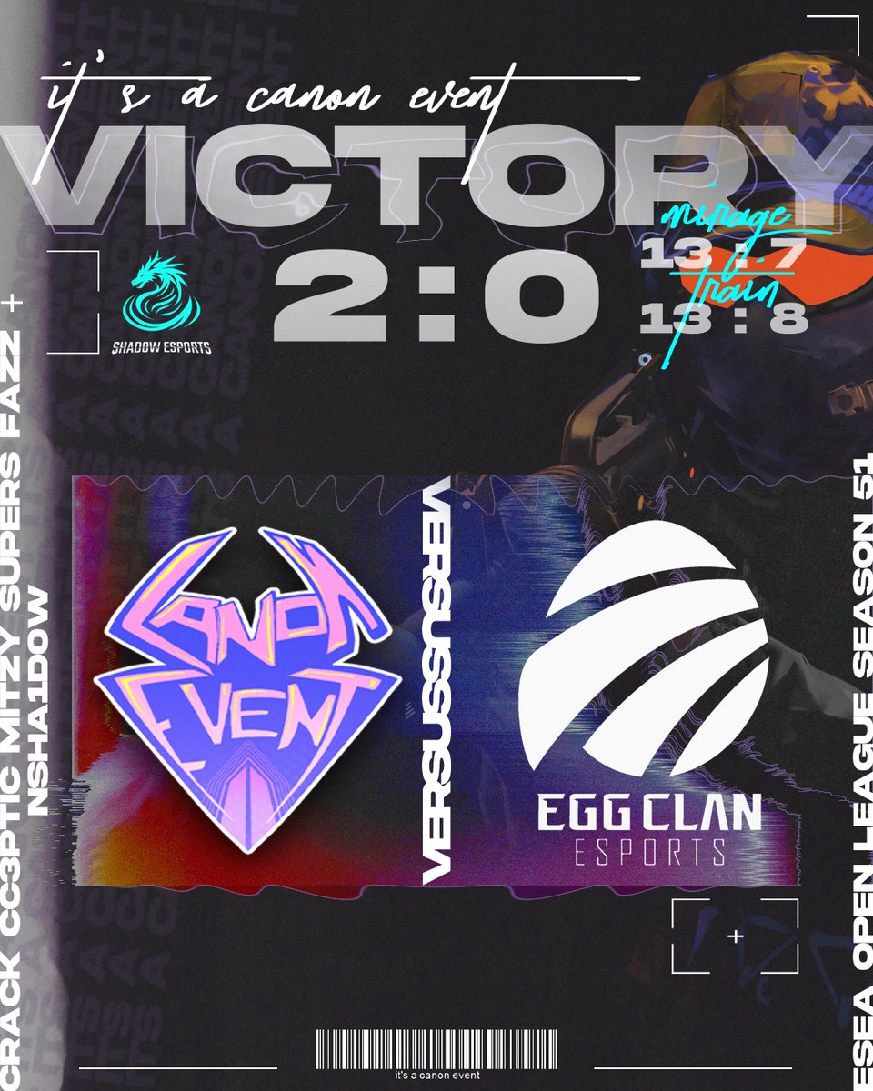 GGs Egg Clan
It's a canon event, the boys take it 2 - 0!

🌴Mirage 13 - 7
🚂Train 13 - 8

#ESEA #CanonEvent