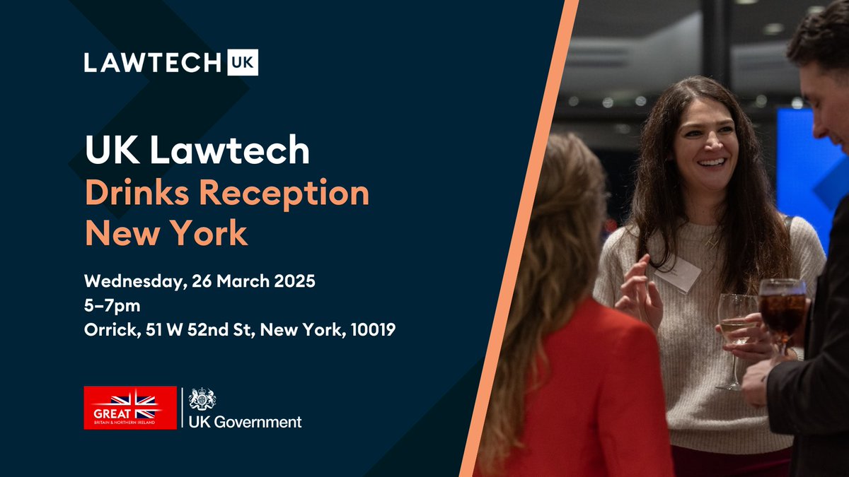 On Wednesday 26 March, we’ll be hosting a drinks reception in New York as part of the UK trade mission hosted by the Ministry of Justice, Department of Business and Trade, and GREAT Legal Services.

Find out more and register your interest today!
lawtechuk.io/events/uk-lawt…
