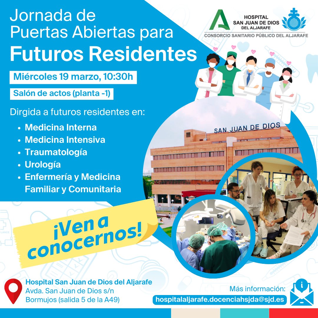 Hospital San Juan de Dios del Aljarafe (@hsjd_aljarafe) on Twitter photo 🗓️ El 19 marzo celebramos una jornada de puertas abiertas para que futuros #residentes puedan conocer la actividad y funcionamiento de nuestro centro. Si estás a punto de empezar tu residencia, ¡ven a conoceros!
➡️ bit.ly/3DkoXTx
📩 hospitalaljarafe.docenciahsjda@sjd.es 🗓️ El 19 marzo celebramos una jornada de puertas abiertas para que futuros #residentes puedan conocer la actividad y funcionamiento de nuestro centro. Si estás a punto de empezar tu residencia, ¡ven a conoceros!
➡️ bit.ly/3DkoXTx
📩 hospitalaljarafe.docenciahsjda@sjd.es