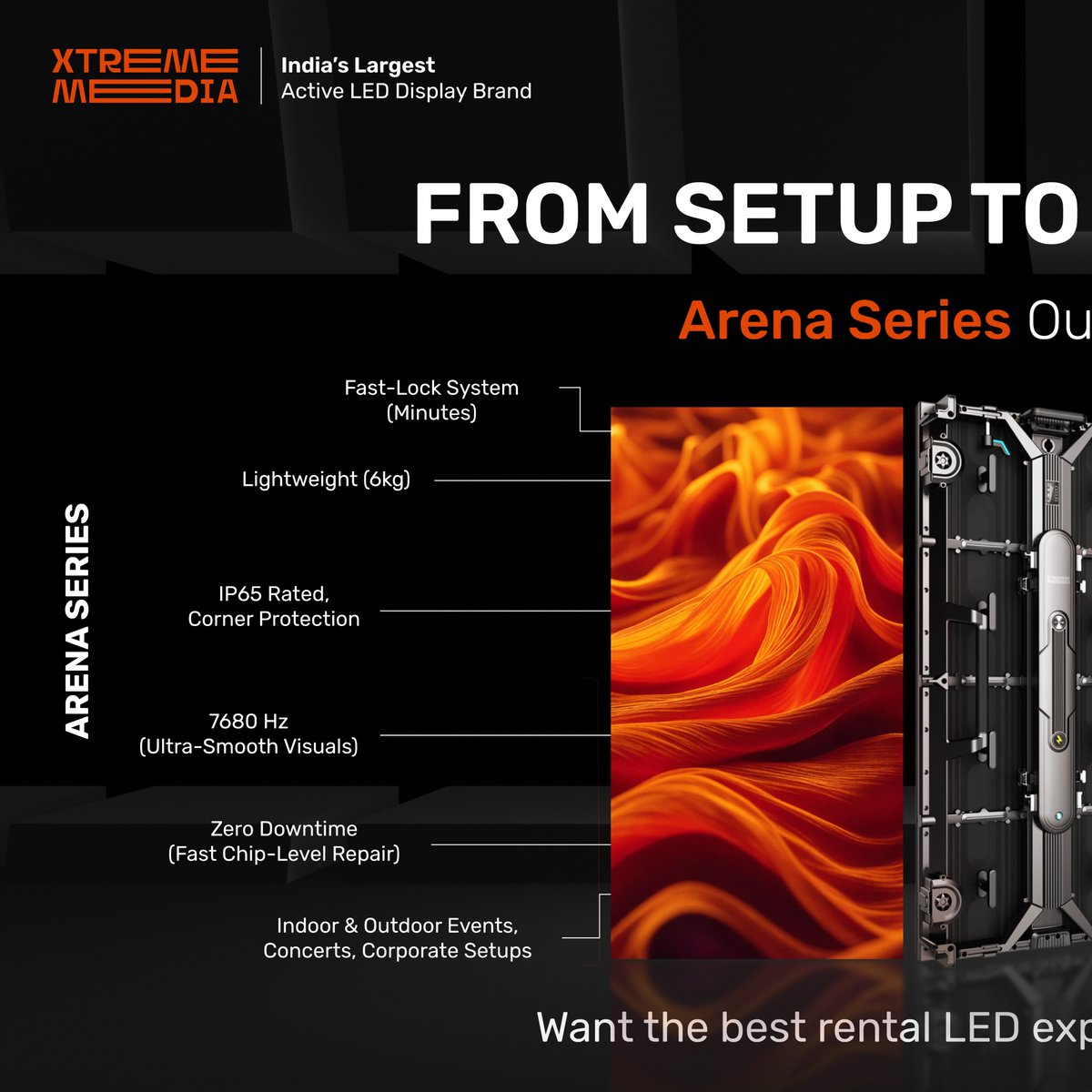 XtremeMediaIn's tweet image. Unmatched clarity &amp;amp; ultra-fast setup with Arena Series! Lightweight 6kg cabinets, IP65, 7680Hz refresh &amp;amp; quick chip-level repairs make it perfect for any event. Elevate your visuals!

#ArenaSeries #FastLockSystem #RentalLED #EventDisplays #UltraFastSetup #IP65Rated