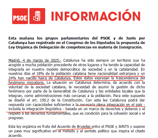 El PSOE reproduce el framing nativista que presenta a los españoles residentes en Cataluña, pero nacidos en otra CA, como inmigrantes. Lo usa como argumento para justificar la cesión de competencias y alude a "necesaria plena integración en el país" e "integración linguistica".🧐
