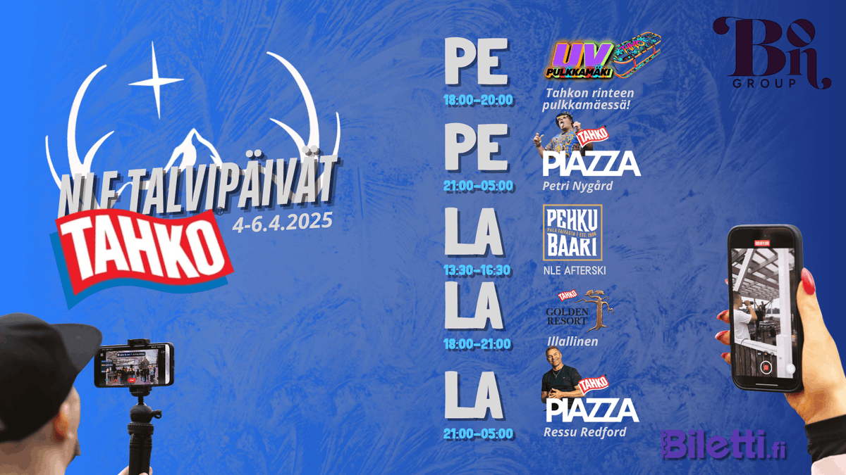 NLE Talvipäivät @ Tahko

Valmistaudu vuoden eeppisimpään talviviikonloppuun Tahkolla!

Perjantaina startataan vauhdikkaasti UV-pulkkamäessä, jatketaan jatkopeleillä Karhupubissa ja räjäytetään ilta käyntiin Piazzassa, jossa lavan valtaa Petri Nygård.

Lauantaina meno jatkuu NLE