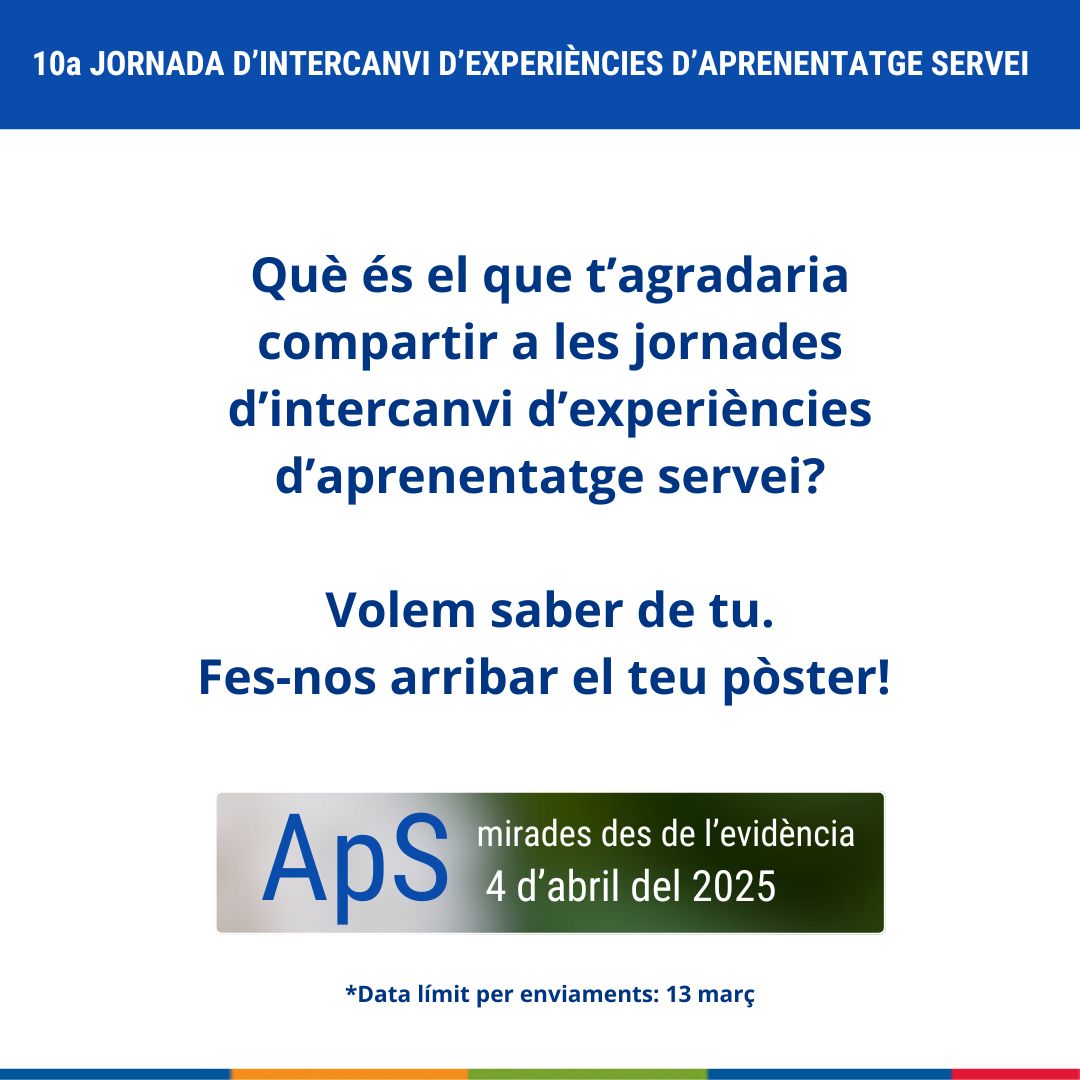 📢📢 Formes part d’un centre educatiu o entitat? Encara queden 10 dies per enviar les vostres experiències d’#ApS a les X Jornades d’Intercanvi d’Experiències d’Aprenentatge Servei! ⏳🎓

🧵 Obrim fil amb els detalls! 👇