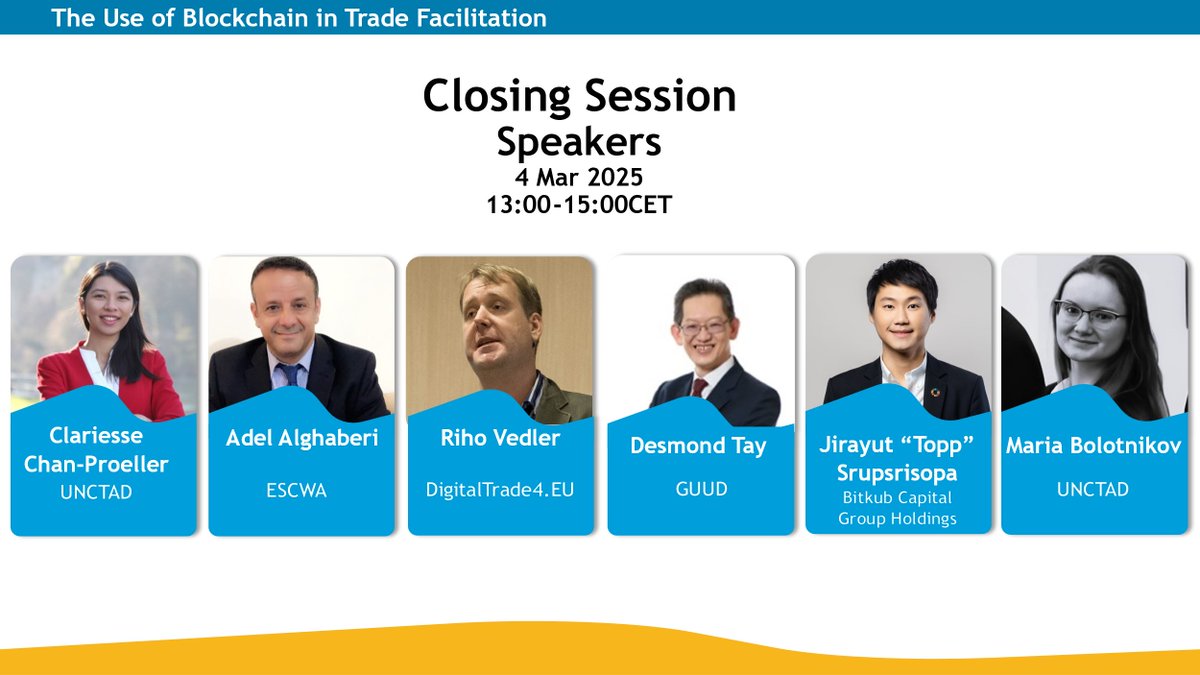 🚀Are you blockchain-curious? 
🔗 Dive into <a href="/UNCTAD/">UN Trade and Development</a> 's online course on #Blockchain in trade facilitation—tailored for trade professionals &amp; innovators.

Don’t miss <a href="/toppjirayut/">ToppJirayut™</a> 's insights at the closing ceremony today!

📅 Reserve your spot now: bit.ly/3QDk1fE