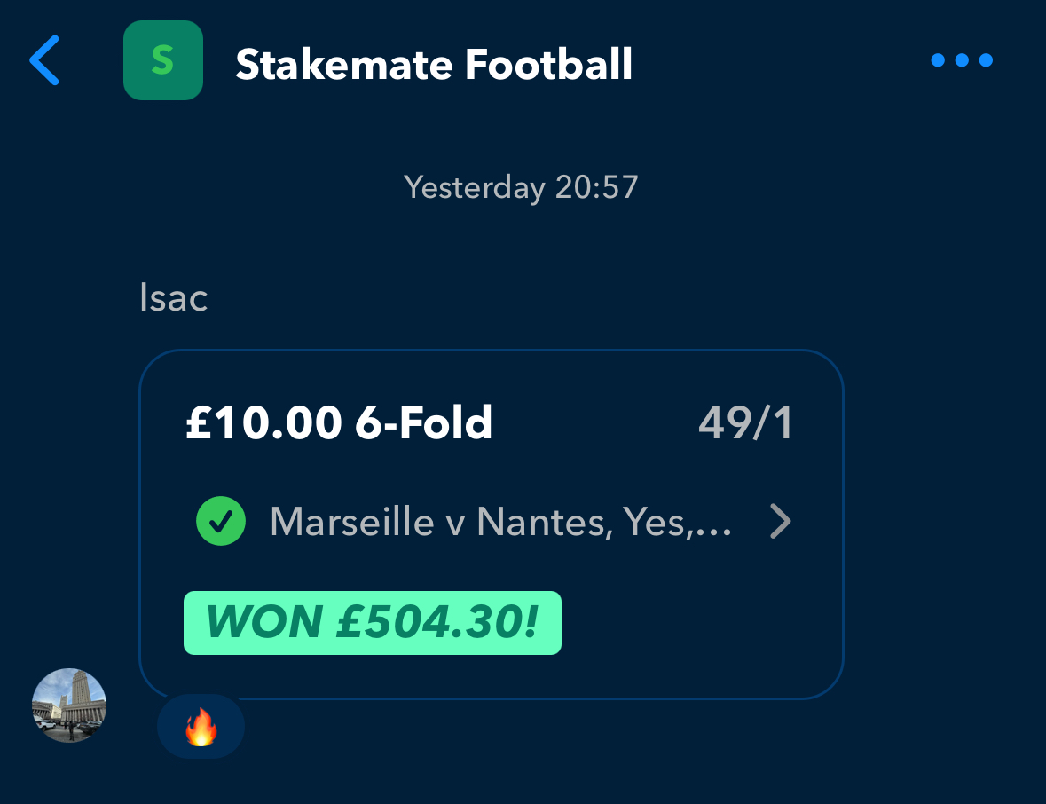 💸⚽️ Well done to Isac who won £504.13 on a 49/1, 6-leg Bet with a £10 stake this week!

💬📲 Sign up to Stakemate and join the Stakemate Football Group to see more bets like this and share your winners.