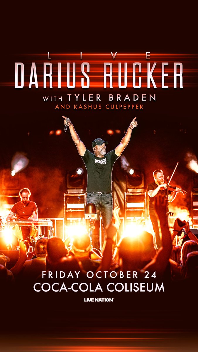 Just announced 📢 <a href="/dariusrucker/">Darius Rucker</a> 
With support: <a href="/TylerBraden/">Tyler Braden</a> and @KashusCulpepper on October 24, 2025 at the Coca Cola Coliseum. 

Tickets go on sale on Marxh 7th at 10 am!