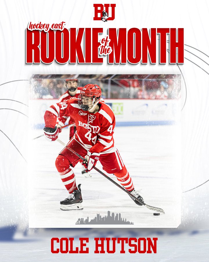 Cole Hutson Hockey East Rookie of the Month graphic