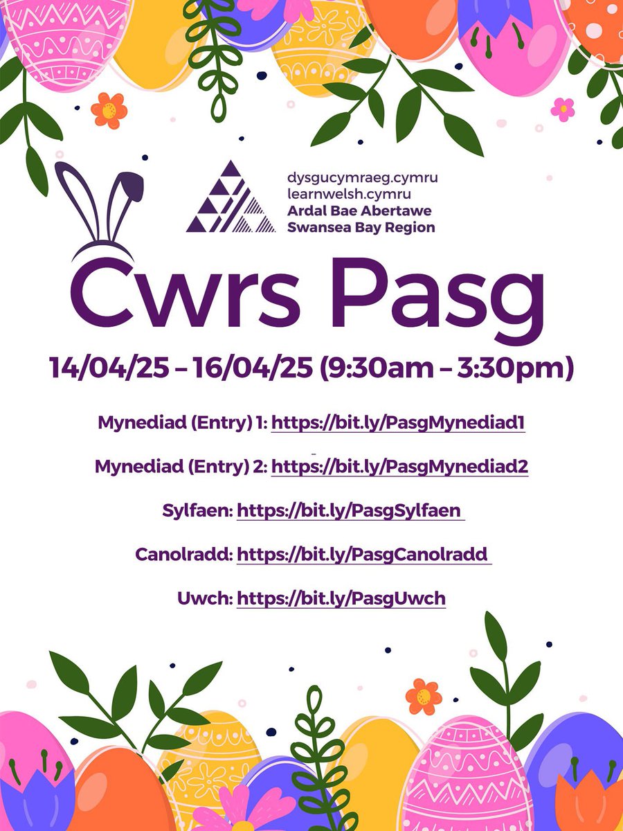 🐣 CWRS PASG! EASTER COURSE! 🐣
📅 14-16  Ebrill / 14-16 April
📍 Zoom

🟡 Mynediad (Entry) 1: bit.ly/PasgMynediad1 
🟡 Mynediad (Entry) 2: bit.ly/PasgMynediad2 
🟢 Sylfaen: bit.ly/PasgSylfaen 
🔵 Canolradd: bit.ly/PasgCanolradd 
🔴 Uwch: bit.ly/PasgUwch