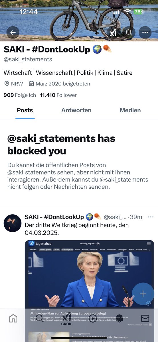 Panik verbreiten und dann bei Gegenrede sofort blocken. Wie nennt man das?
Weichei? Hetzer? Und das, wo man eigentlich ähnliche Werte vertritt.
Es ist peinlich.