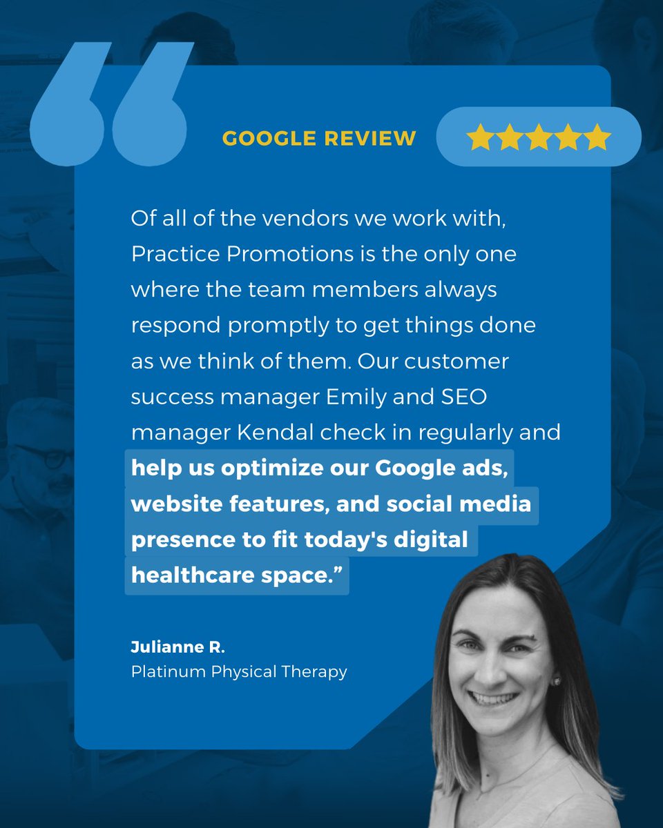 PracticePromos's tweet image. &quot;This is the best money we&apos;ve ever spent...&quot; 

Julianne R. of Platinum Physical Therapy joined Practice Promotions in 2022. In just 2 years, their clinic has seen 7x more new patient leads, hired 14 additional PT staff, and opened 3 more locations! #happyclients