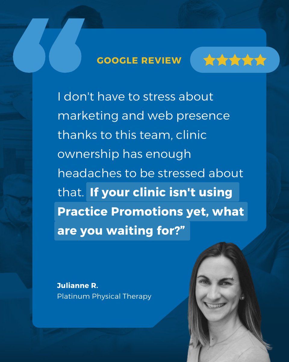 PracticePromos's tweet image. &quot;This is the best money we&apos;ve ever spent...&quot; 

Julianne R. of Platinum Physical Therapy joined Practice Promotions in 2022. In just 2 years, their clinic has seen 7x more new patient leads, hired 14 additional PT staff, and opened 3 more locations! #happyclients