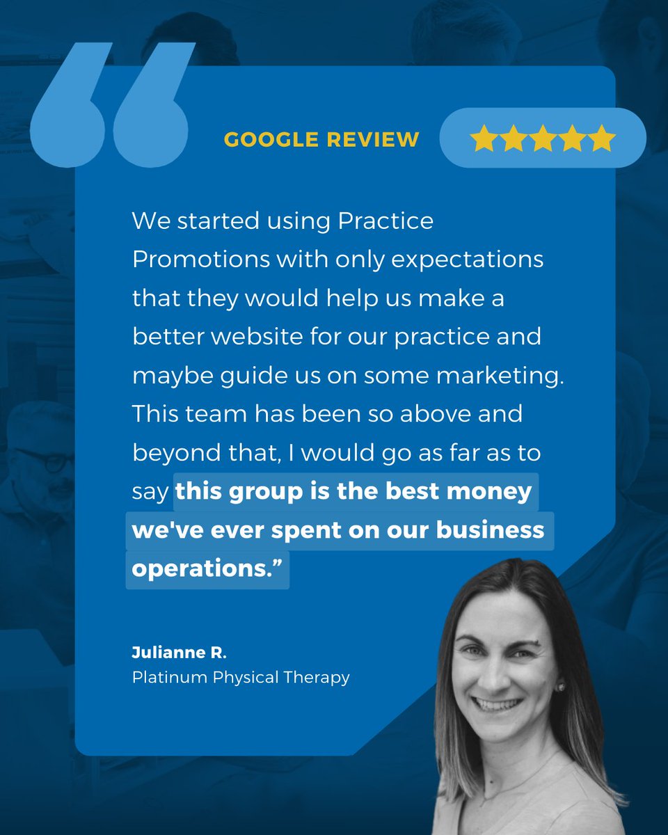 PracticePromos's tweet image. &quot;This is the best money we&apos;ve ever spent...&quot; 

Julianne R. of Platinum Physical Therapy joined Practice Promotions in 2022. In just 2 years, their clinic has seen 7x more new patient leads, hired 14 additional PT staff, and opened 3 more locations! #happyclients