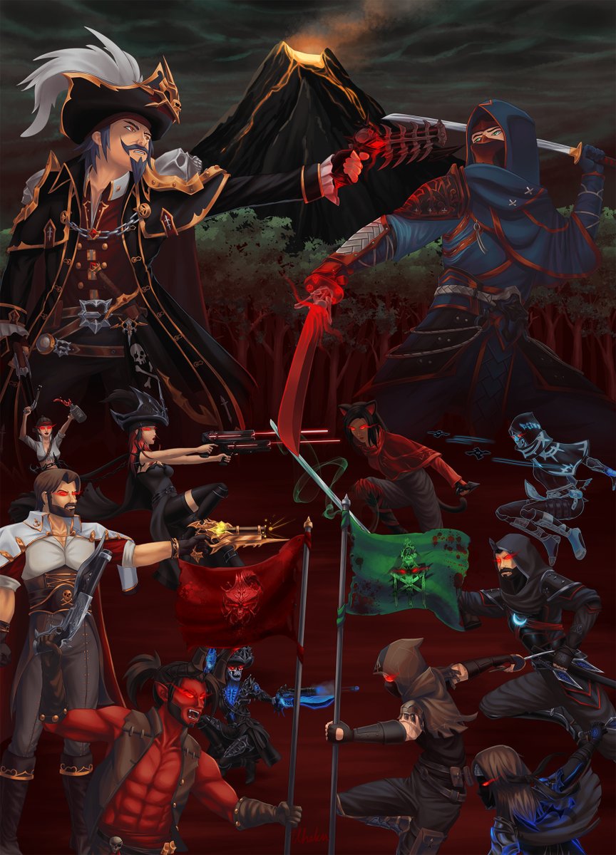 Finally completed the Pirates vs Ninjas War poster! Featuring:
Pirates- Mordred (Leader), Whaku, Brutuz, Xyber, Kleyopatra, Boudiccea
Ninjas- Kurohane (Leader), Yogi, Luna, Madds, Zorua, Yetininja
Thank you <a href="/Clarion_AE/">Clarion Dawnforger</a> for releasing a unique war update!
#AQ3D #adventurequest