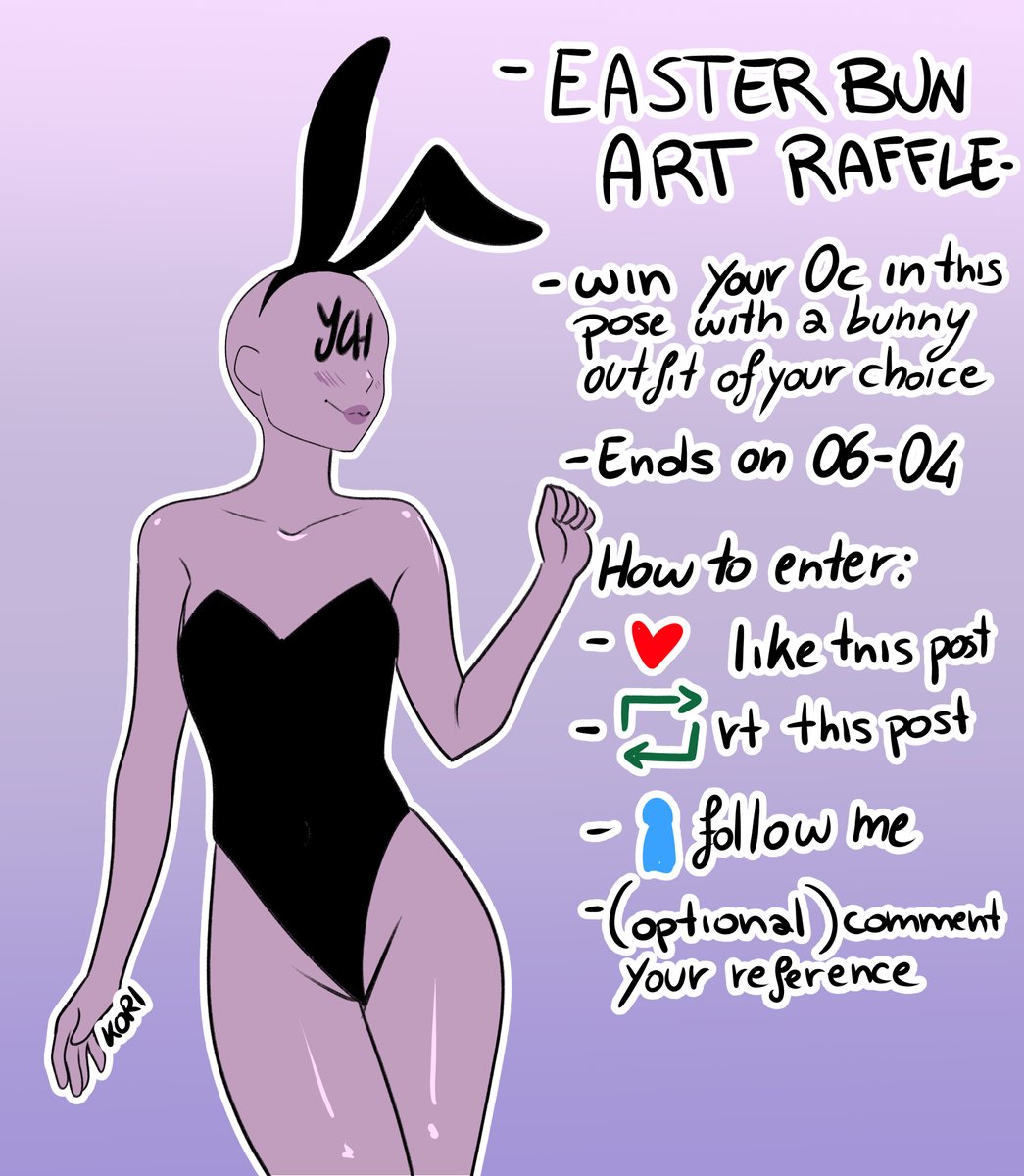 Easter Bunny Art Raffle!

-💜this post
-🔁this post
-🫂 Follow me
-(optional) comment your references

💜I Will add a winner every 250 rt💜

The winner will win a Colored sketch in the pose below with their favorite buny outfit!💜💜

Ends on 06-04

#artraffle  #raffle #art