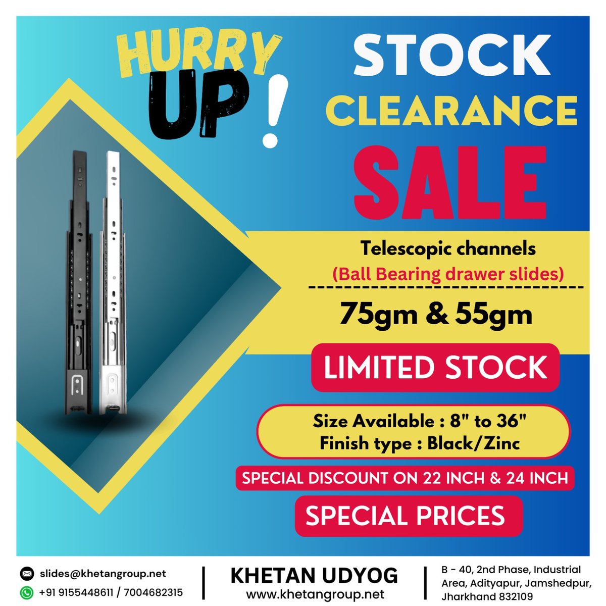 HardwareSamachr's tweet image. 𝐀𝐓𝐓𝐄𝐍𝐓𝐈𝐎𝐍:𝐁𝐮𝐢𝐥𝐝𝐞𝐫𝐬, 𝐂𝐚𝐫𝐩𝐞𝐧𝐭𝐞𝐫𝐬 &amp;amp; 𝐓𝐫𝐚𝐝𝐞𝐫𝐬!
Looking for high-quality Telescopic Channels at unbeatable prices?Get special discounts on 22” &amp;amp; 24” slides!
#Khetan #KhetanGroup #KhetanHardware #KhetanUdyog #Jamshedpur #TelescopicChannels #DrawerSlides