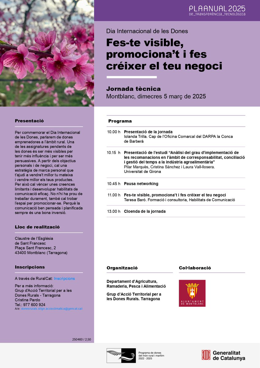 Ruralcat (@ruralcat) on Twitter photo 📌Jornada tècnica: Fes-te visible, promociona’t i fes créixer el teu negoci #PATT2025
📍Montblanc
🗓️5 de març de 2025
🕘10.00 h
ow.ly/5cbV50V9ZsA
<a href="/ajmontblanc/">Ajuntament Montblanc</a> 📌Jornada tècnica: Fes-te visible, promociona’t i fes créixer el teu negoci #PATT2025
📍Montblanc
🗓️5 de març de 2025
🕘10.00 h
ow.ly/5cbV50V9ZsA
<a href="/ajmontblanc/">Ajuntament Montblanc</a>