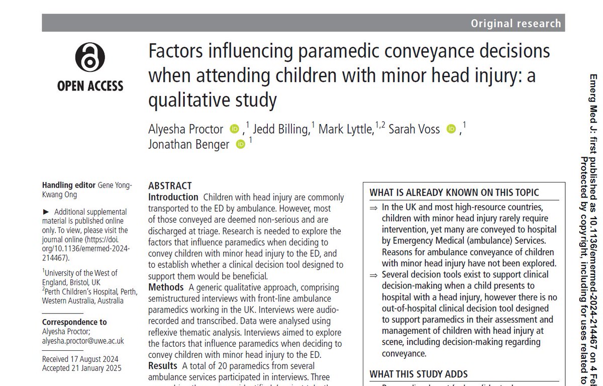 UWE Health Research (@chcr_uwe) on Twitter photo New paper from our PhD student <a href="/alyesha_proctor/">Alyesha Proctor</a> 👏
Paramedics generally feel a lack of confidence in assessing and managing children with head injury. A decision tool & training would help to improve decision-making 📢
Read more 👇
pubmed.ncbi.nlm.nih.gov/39904587/ New paper from our PhD student <a href="/alyesha_proctor/">Alyesha Proctor</a> 👏
Paramedics generally feel a lack of confidence in assessing and managing children with head injury. A decision tool & training would help to improve decision-making 📢
Read more 👇
pubmed.ncbi.nlm.nih.gov/39904587/