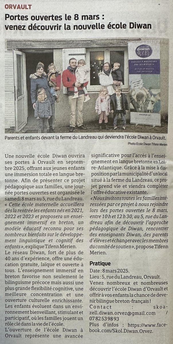 #Orvault / #Orvez 
"Portes ouvertes le 8 mars : venez découvrir la nouvelle école Diwan"

Presse Océan — 04/03/25
•
#LangueBretonne #BZHG #Brezhoneg #École #Diwan #Breton