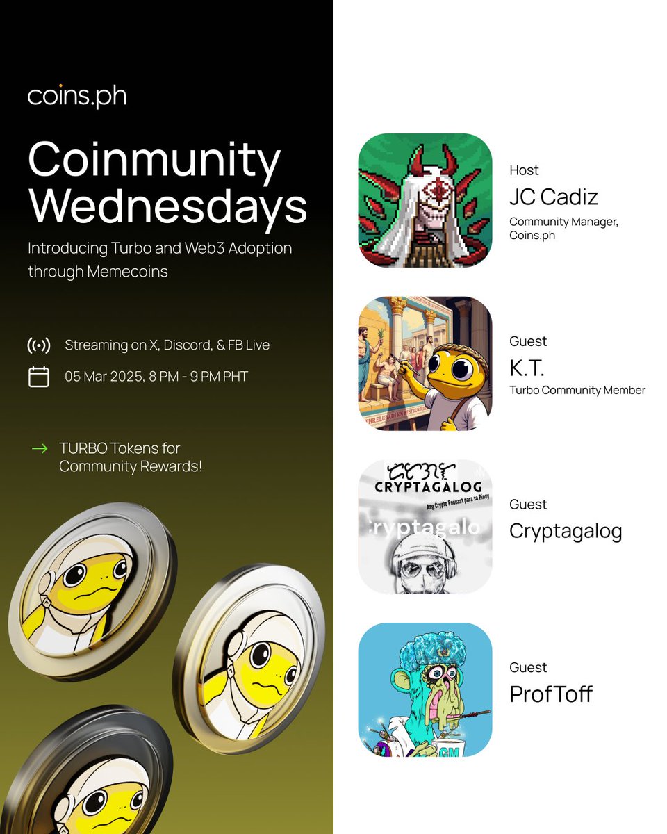 CoinmunityWednesdays x @TurboToadToken TONIGHT at 8PM PHT! Turbo is  rewriting the memecoin playbook. Speakers: 🐸 King Turbo (KT) 🐸  Cryptagalog 🐸 @prof_toff 💎 $TURBO tokens in community rewards! 📢 Join  the discussion