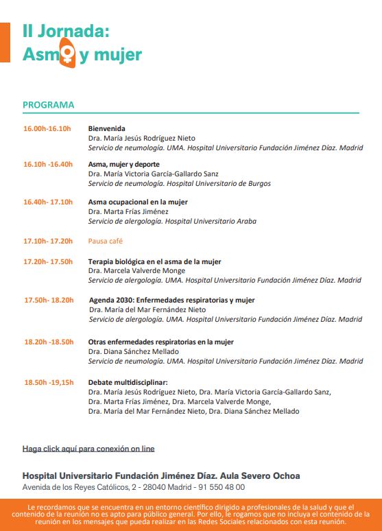 #Agenda 📆 Este viernes 7 de marzo, a las 16:00h., organizaremos nuestra II Jornada Asma y Mujer dirigida a profesionales sanitarios. Te esperamos en el Aula Severo Ochoa o puedes seguir el evento a través de streaming