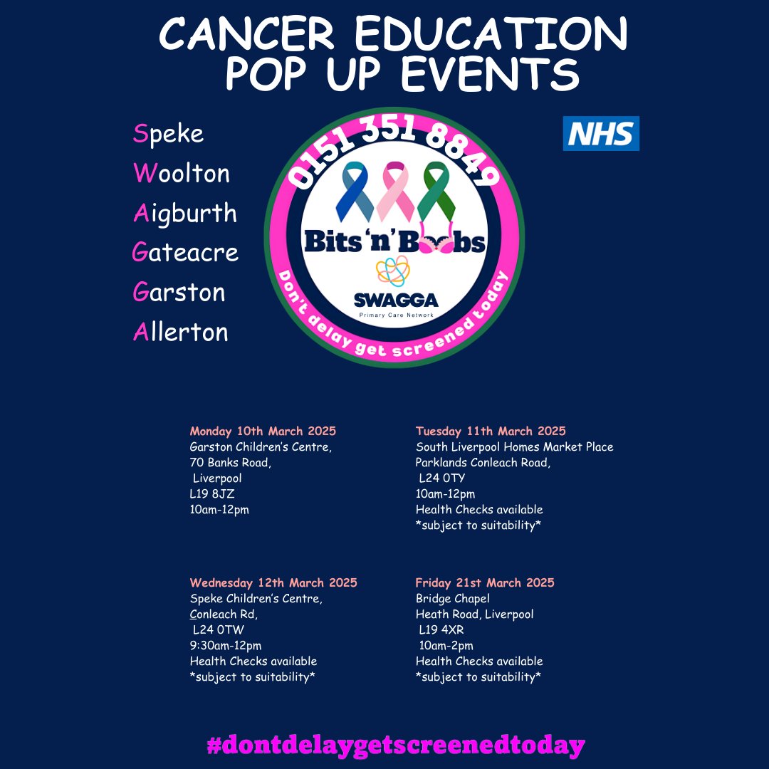 Join us at our March events!
Cancer Care Coordinators, Pharmacy team and Social Prescribers will be at our upcoming events throughout March!

We are offering FREE health checks (subject to suitability with our pharmacy team. 
Our Cancer Care Coordinators are at our events!