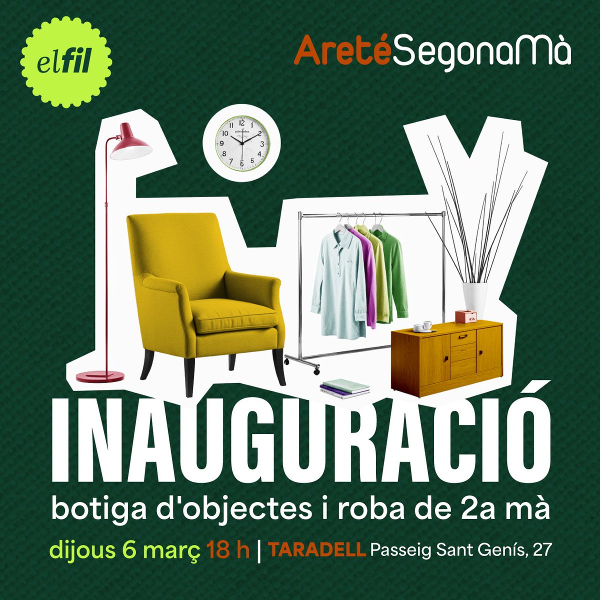 ‼️<a href="/AssociacioTapis/">Associació Tapís</a> i Areté inaugurem dijous nova botiga d'objectes i roba de segona mà a Taradell. S’hi vendran mobles, parament de la llar, joguines, roba, complements tèxtils...Aquesta aliança ens permet donar més oportunitats laborals i promoure un consum més responsable.