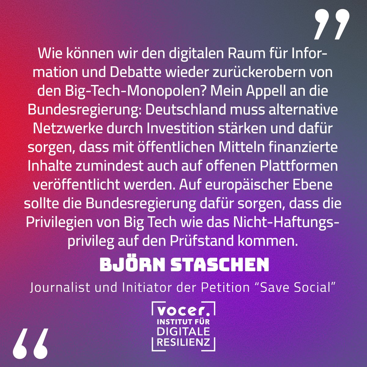 VOCER (@voiceofvocer) on Twitter photo „Wie erobern wir den digitalen Raum für Information & Debatte zurück?“ – fragt <a href="/BjoernSta/">Björn Staschen 🐋</a> beim VOCAMP #refoundingdemocracy2025. Sein Appell: Öffentliche Mittel für offene Plattformen & #BigTech-Privilegien prüfen!
Mehr 👉 digitale-resilienz.org | savesocial.eu „Wie erobern wir den digitalen Raum für Information & Debatte zurück?“ – fragt <a href="/BjoernSta/">Björn Staschen 🐋</a> beim VOCAMP #refoundingdemocracy2025. Sein Appell: Öffentliche Mittel für offene Plattformen & #BigTech-Privilegien prüfen!
Mehr 👉 digitale-resilienz.org | savesocial.eu