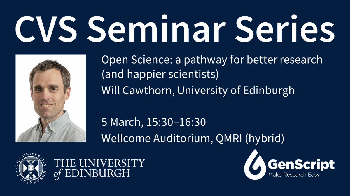 EdinUniCVS (@edinunicvs) on Twitter photo Will Cawthorn <a href="/BMATscientists/">Will Cawthorn</a> will be discussing #OpenScience at this week’s CVS Seminar – join us tomorrow!
🗓️ 5 March, 15:30–16:30
Wellcome Auditorium, QMRI <a href="/EdinburghBQ/">Edinburgh BioQuarter</a>
Join on Teams ➡️ edin.ac/3EYFcWT Will Cawthorn <a href="/BMATscientists/">Will Cawthorn</a> will be discussing #OpenScience at this week’s CVS Seminar – join us tomorrow!
🗓️ 5 March, 15:30–16:30
Wellcome Auditorium, QMRI <a href="/EdinburghBQ/">Edinburgh BioQuarter</a>
Join on Teams ➡️ edin.ac/3EYFcWT