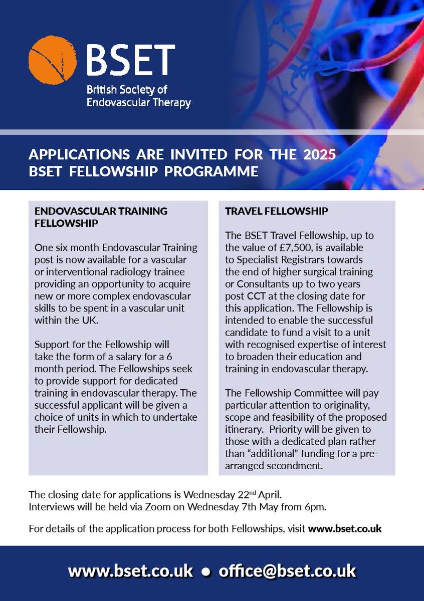 BSET (@bsetnews) on Twitter photo The application process for the BSET Fellowship Programme is now open. Deadline for applications is 22nd April. bset.co.uk
<a href="/RouleauxClub/">Rouleaux Club</a> <a href="/TraineesBSIR/">BSIR Trainees (British Society of IR Trainees)</a> <a href="/VSGBI/">Vascular Society</a> <a href="/VascularWebinar/">VSGBI Education And Training Committee</a> <a href="/BSIR_News/">The British Society of Interventional Radiology</a> The application process for the BSET Fellowship Programme is now open. Deadline for applications is 22nd April. bset.co.uk
<a href="/RouleauxClub/">Rouleaux Club</a> <a href="/TraineesBSIR/">BSIR Trainees (British Society of IR Trainees)</a> <a href="/VSGBI/">Vascular Society</a> <a href="/VascularWebinar/">VSGBI Education And Training Committee</a> <a href="/BSIR_News/">The British Society of Interventional Radiology</a>