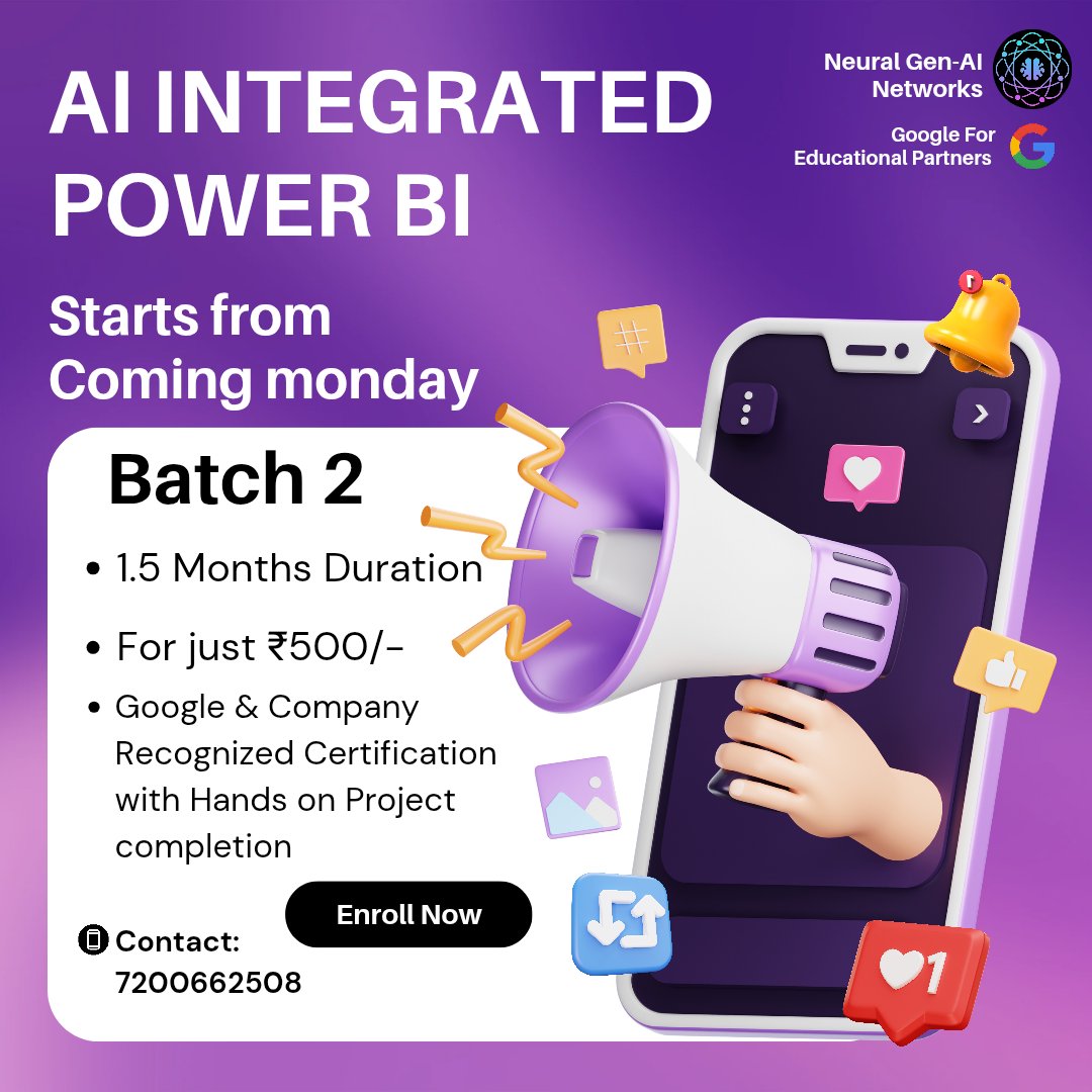 neural_genai's tweet image. 🎯 Master AI-Integrated Power BI - Land High-Paying Jobs! 📌 Register Here: forms.gle/eqTYG6yBJNy6TQ…
🌐 Visit us: genainetworks.in
📊 #AI #PowerBI #DataScience #MachineLearning #AIInnovation #BigData #TechTraining #FutureReady #CareerGrowth #GoogleCertified #DataAnalytics