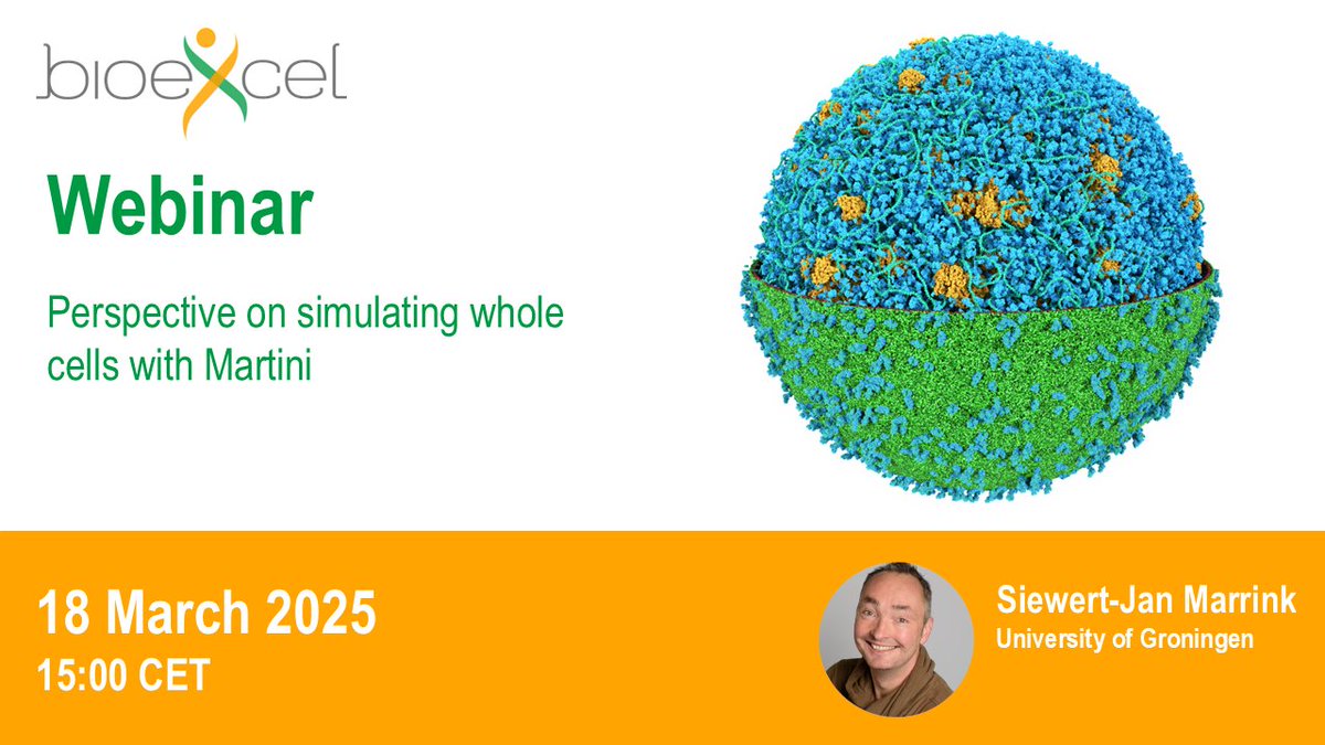 BioExcel CoE (@bioexcelcoe) on Twitter photo We are 2 weeks away from our webinar on simulating whole cells with the Martini force field
🗓️ 18 March 2025, 15:00 CET
✍️ Sign up: bit.ly/3QxQWSC
<a href="/CG_Martini/">Siewert-Jan Marrink</a> We are 2 weeks away from our webinar on simulating whole cells with the Martini force field
🗓️ 18 March 2025, 15:00 CET
✍️ Sign up: bit.ly/3QxQWSC
<a href="/CG_Martini/">Siewert-Jan Marrink</a>