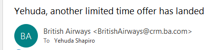 Yehuda Shapiro (@yehudashapiro) on Twitter photo Thank you, <a href="/British_Airways/">British Airways</a> for this 'limited time' offer - just days after you limited my time at my destination by five hours, partly a consequence of shaky crew rostering. Still, you kindly extended it by an hour on the way back - another crew rostering issue. Thank you, <a href="/British_Airways/">British Airways</a> for this 'limited time' offer - just days after you limited my time at my destination by five hours, partly a consequence of shaky crew rostering. Still, you kindly extended it by an hour on the way back - another crew rostering issue.