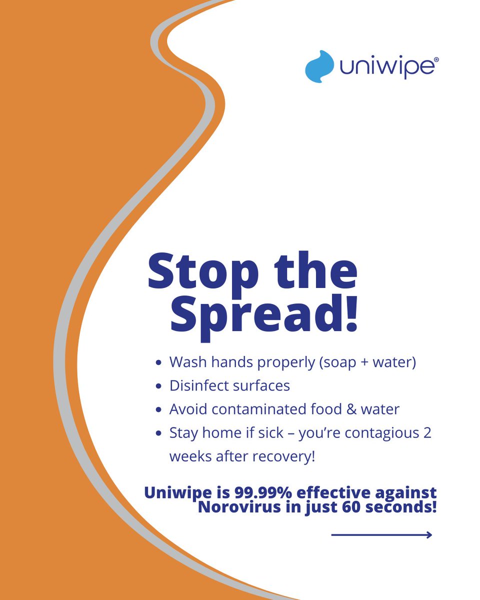 Norovirus is highly contagious, infecting 1 in 5 people annually and surviving on surfaces for up to two weeks. With only 18 viral particles needed to cause infection, proper disinfection is critical.

Uniwipe is 99.99% effective against Norovirus in just 60 seconds.
