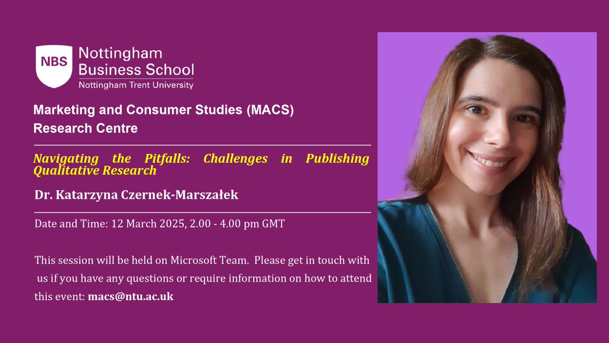 Join our next #ResearchAssembly, with Dr. Katarzyna Czernek-Marszałek on “Navigating the Pitfalls: Challenges in Publishing #QualitativeResearch” 
 12th March 2025 | 2-4 PM GMT | MS Teams
Register 👉 ntu.ac.uk/about-us/event…
#QualitativeResearch #PublishingTips #AcademicResearch