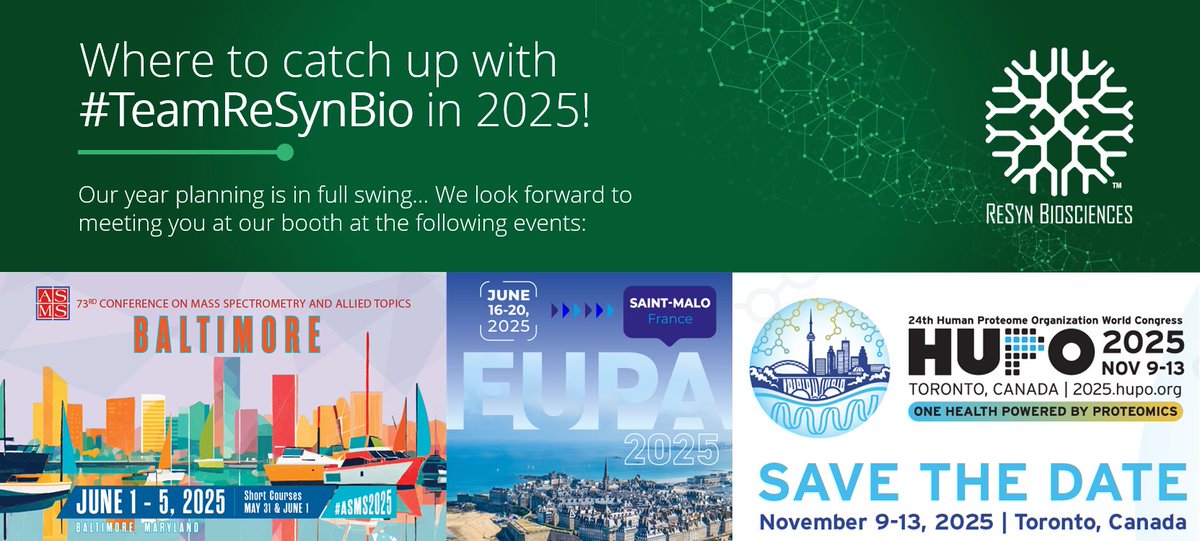 ReSyn_Bio's tweet image. Confirmed conferences for 2025! Please come visit us @hupo_org in Toronto, @asmsnews in Baltimore and #EUPA2025 in Saint-Malo! More events loading!