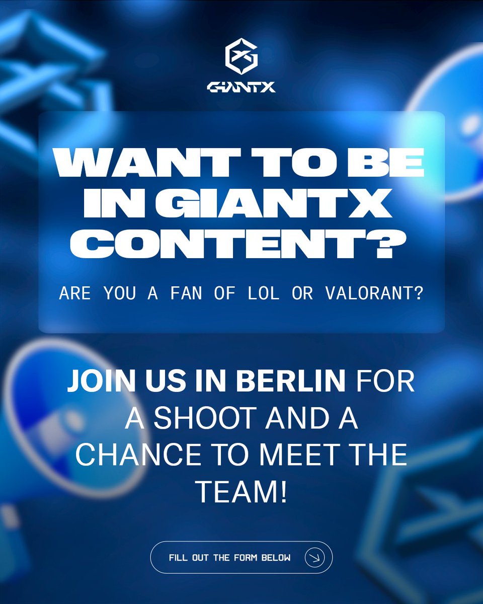 🚨 DO YOU WANT TO BE IN GIANTX CONTENT? 🚨

We are looking for people who love League of Legends and VALORANT to come and be a part of our shoots in Berlin with our teams 🎥

If you live in or near Berlin and would like to take part, fill out our form and we will get back to you