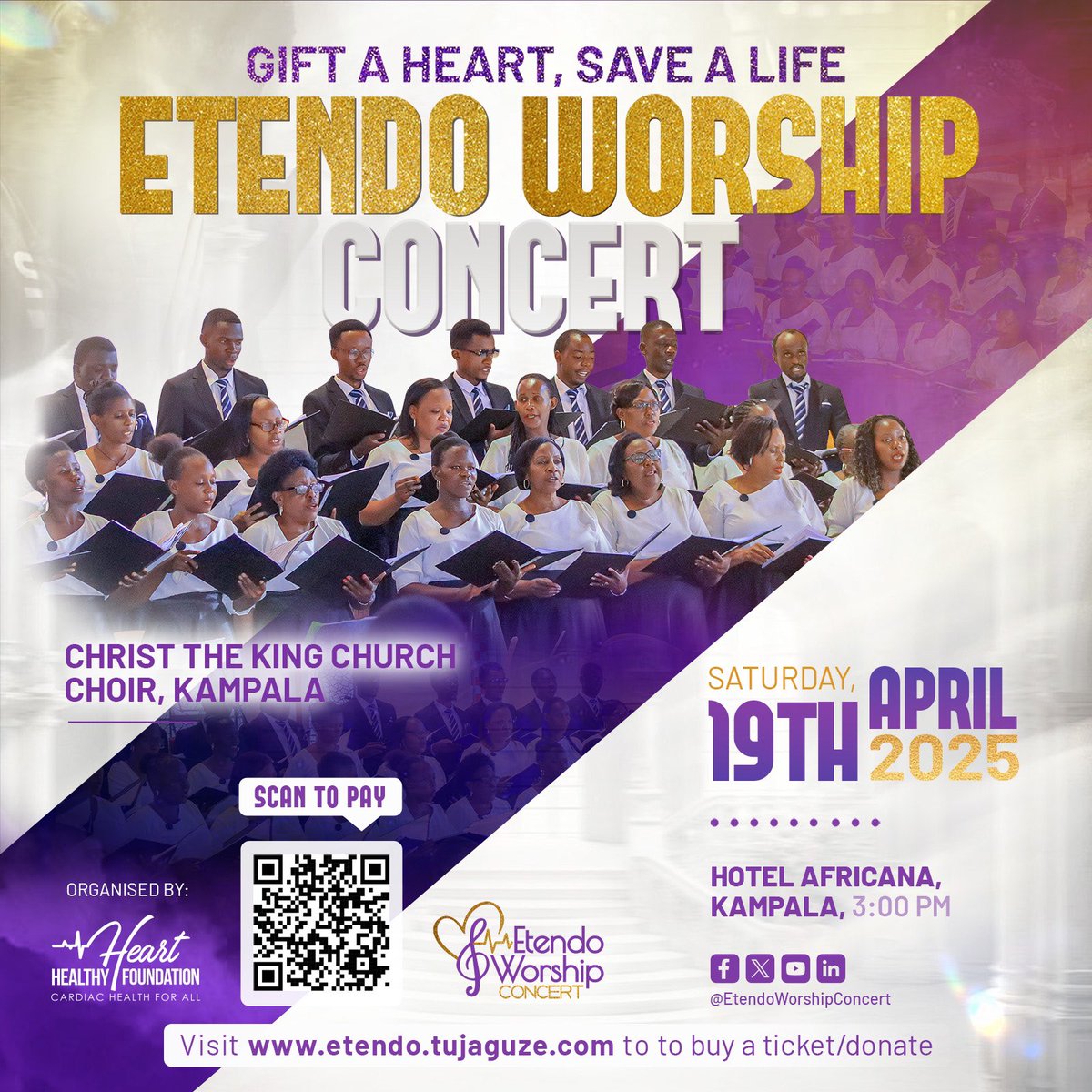 Join us for an unforgettable night of worship at the ETENDO WORSHIP CONCERT featuring the Christ The King Church Choir, Kampala! This powerful event is organized by Heart Healthy Foundation to support cardiac health for all. Come worship, be inspired, and make a difference!