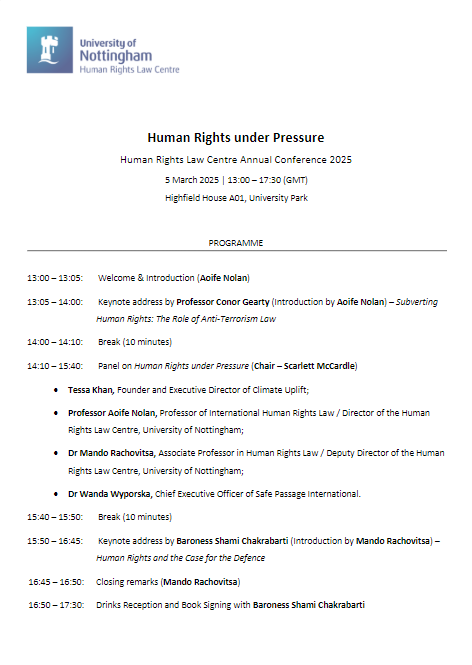 Human Rights Law Centre (HRLC) (@uonhrlc) on Twitter photo Join us tomorrow at 1pm (GMT) for our Annual Human Rights Conference on 'Human Rights under Pressure'.
Keynotes by <a href="/shamichakrabar1/">Shami Chakrabarti</a> & Conor Gearty.
Panel presentations by <a href="/tessakhan/">Tessa Khan</a>, <a href="/commentator01/">Schorsch</a>, <a href="/rachovitsa/">Mando Rachovitsa</a> & <a href="/WandaWyporska/">Dr Wanda Wyporska 🧡🇧🇧🇵🇱🏴FRHistS</a>.
Registration closes soon: …ights-under-pressure.eventbrite.co.uk Join us tomorrow at 1pm (GMT) for our Annual Human Rights Conference on 'Human Rights under Pressure'.
Keynotes by <a href="/shamichakrabar1/">Shami Chakrabarti</a> & Conor Gearty.
Panel presentations by <a href="/tessakhan/">Tessa Khan</a>, <a href="/commentator01/">Schorsch</a>, <a href="/rachovitsa/">Mando Rachovitsa</a> & <a href="/WandaWyporska/">Dr Wanda Wyporska 🧡🇧🇧🇵🇱🏴FRHistS</a>.
Registration closes soon: …ights-under-pressure.eventbrite.co.uk