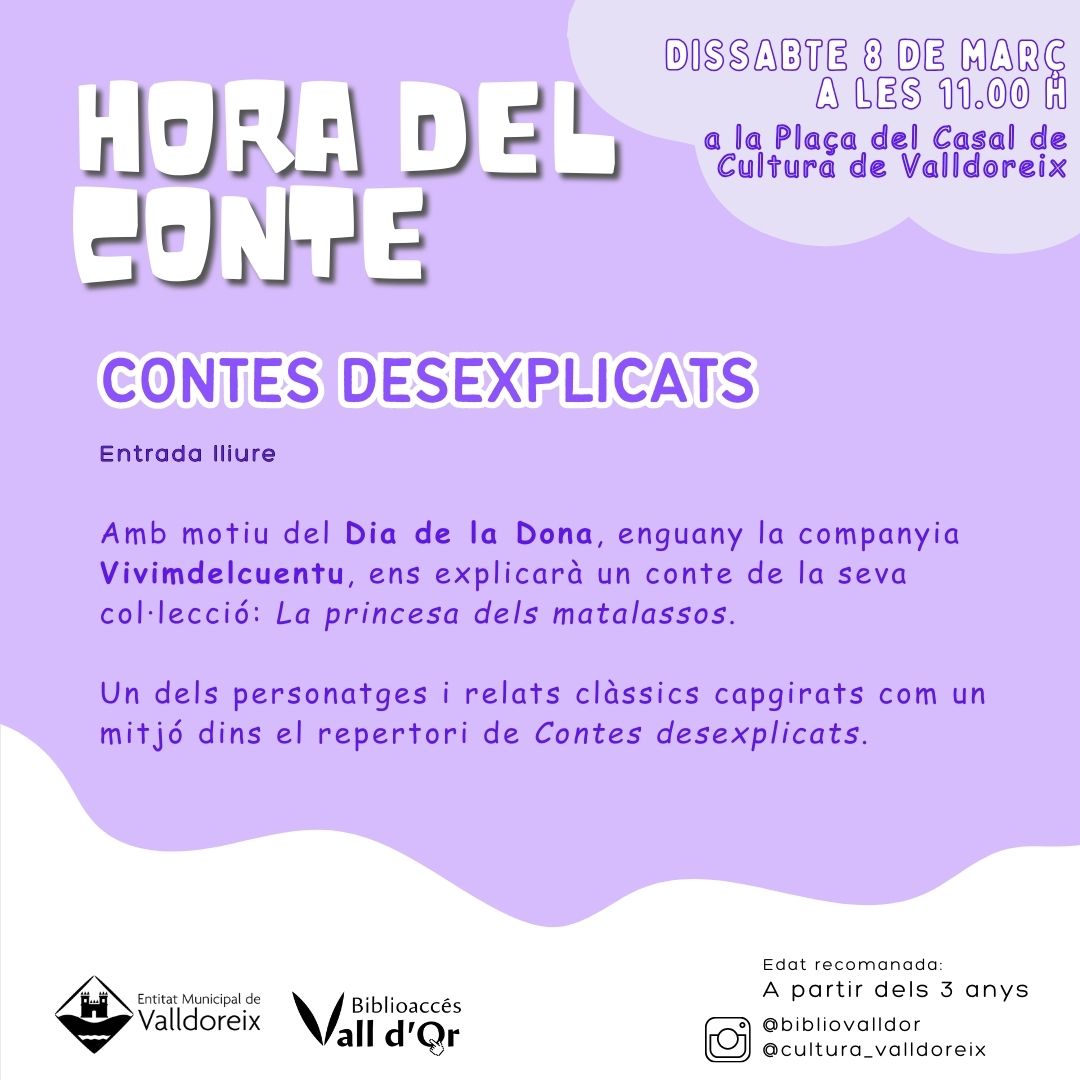 Atenció 📢 Ds. 8M, DiadelaDona 🟣, tindrem una #horadelconte en nova ubicació al Casal de Cultura i amb una parada bibliomòbill 👸📚! 
A les 11h, 'Contes desexplicats a càrrec de la cia. <a href="/vivimdelcuentu/">Vivim del Cuentu</a> 
Us hi esperem! <a href="/afa_ferraniclua/">AFA Ferran i Clua</a> <a href="/EscolaTerra/">NEA Escola da Terra</a> #DiaInternacionaldelesDones