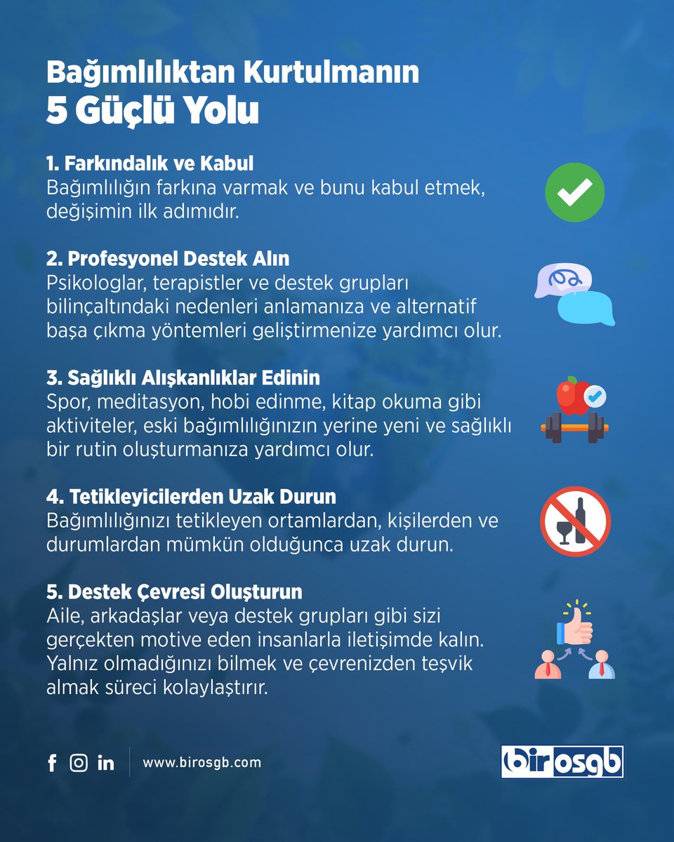 BirOSGB's tweet photo. Bağımlılıklarımızın farkına varmak, bağımlılıklardan kurtulmanın ilk adımıdır. 

Küçük adımlar, büyük değişimler yaratır. 

#yeşilayhaftası #birosgb https://t.co/wdpBIKYkhB
