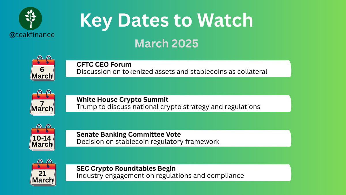 🚨 Key Crypto Dates in March 2025! 🚨

From tokenized assets to stablecoin regulations and crypto policy discussions, this month is packed with major events shaping the future of crypto.

📅 Stay ahead—mark these dates!

#Crypto #Blockchain #Regulation <a href="/teakfinance/">Teak Finance</a>