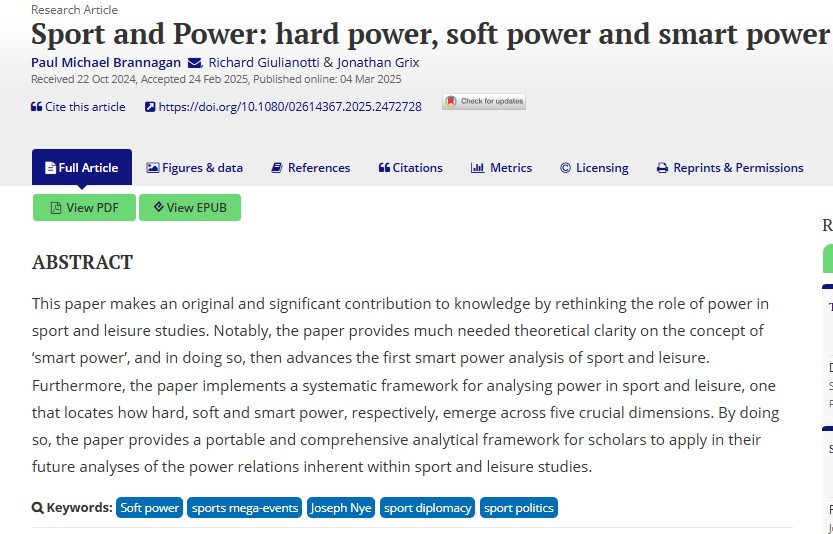 Sport Policy Unit - MMU (@spu_mmu) on Twitter photo Dr Paul Michael Brannagan and Prof Jonathan Grix have a new paper in Leisure Studies entitled, "Sport and Power: Hard power, soft power and smart power."
Link to full paper: tandfonline.com/doi/full/10.10… Dr Paul Michael Brannagan and Prof Jonathan Grix have a new paper in Leisure Studies entitled, "Sport and Power: Hard power, soft power and smart power."
Link to full paper: tandfonline.com/doi/full/10.10…