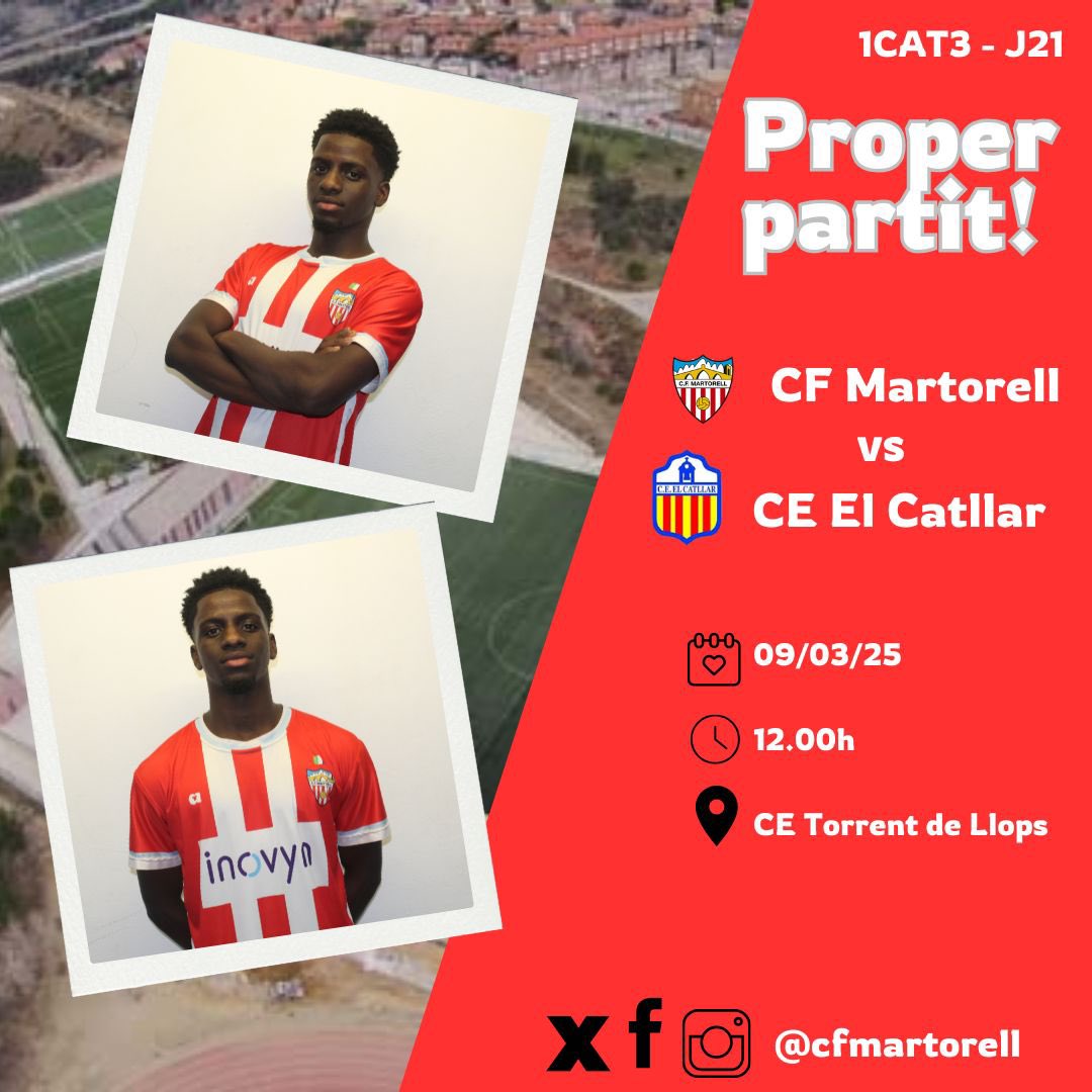 CF Martorell (@cfmartorell) on Twitter photo ⚪🔴 PRIMER EQUIP
▶️ Proper partit!
🏆 #1CAT3
🆚 <a href="/CEElCatllar/">C.E. El Catllar</a>
📆 09/03
⏱️ 12.00h
📍CE Torrent de Llops
#CFMartorell
#CorBlanciVermell ⚪🔴 PRIMER EQUIP
▶️ Proper partit!
🏆 #1CAT3
🆚 <a href="/CEElCatllar/">C.E. El Catllar</a>
📆 09/03
⏱️ 12.00h
📍CE Torrent de Llops
#CFMartorell
#CorBlanciVermell