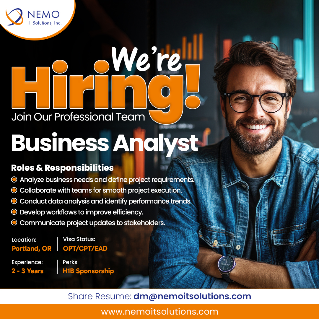nemoitsolutions's tweet image. Role - Business Analyst
Experience: 2 - 3 Years &amp;amp; Location - Portland, OR
Visa - OPT/CPT/EAD
Share Resume: dm@nemoitsolutions.com
.
.
.
#BusinessAnalyst #OPTJobs #CPTJobs #EADJobs #H1BSponsorship #EntryLevelJobs #TeluguInUSA #JobsInPortland #HiringNow #ITJobsUSA #F1toH1B
