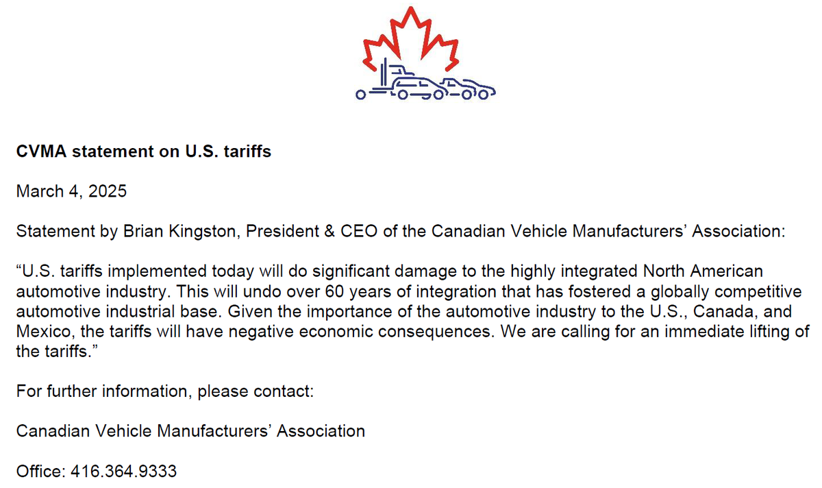 cvma_ca's tweet image. Statement by Brian Kingston, President &amp;amp; CEO of the Canadian Vehicle Manufacturers’ Association, on U.S. tariffs: