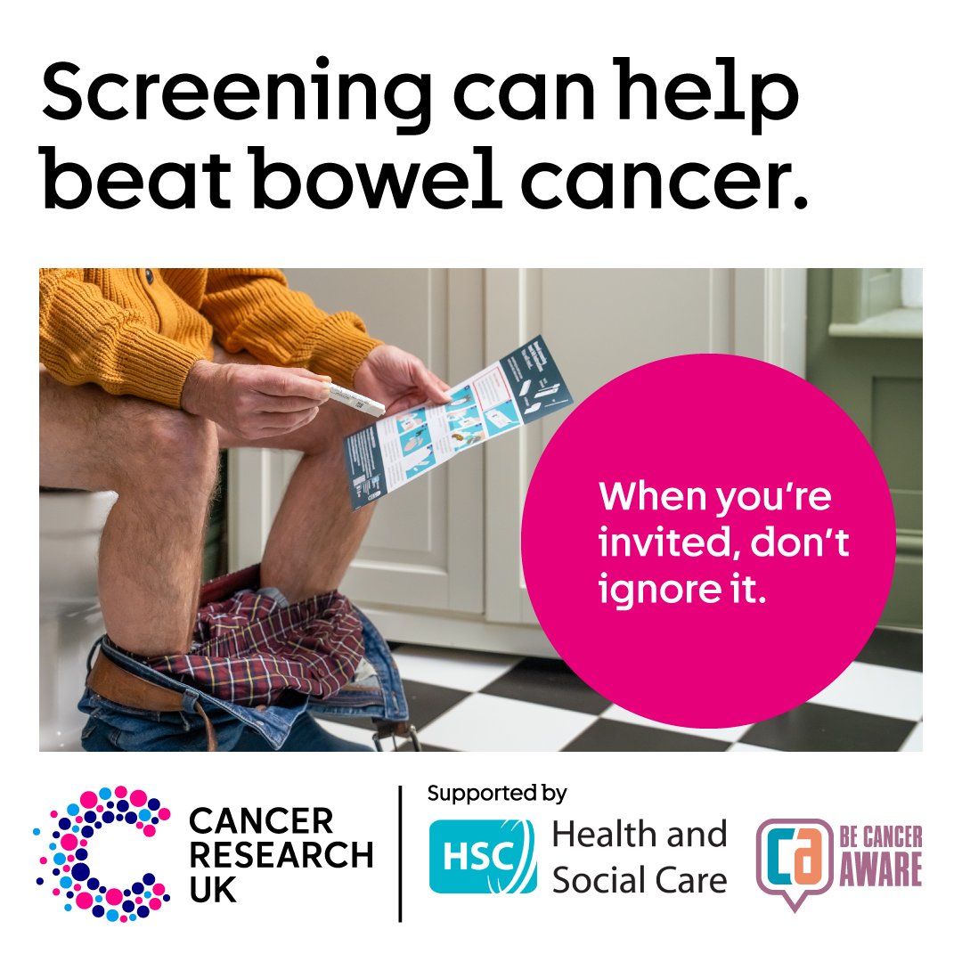 Bowel screening can be a powerful tool to help beat cancer. Northern Ireland’s bowel screening programme can spot possible signs of cancer before they’re noticeable.

So when you’ve invited, don’t ignore it. Screening saves lives. Learn More cruk.ink/40XGhpa